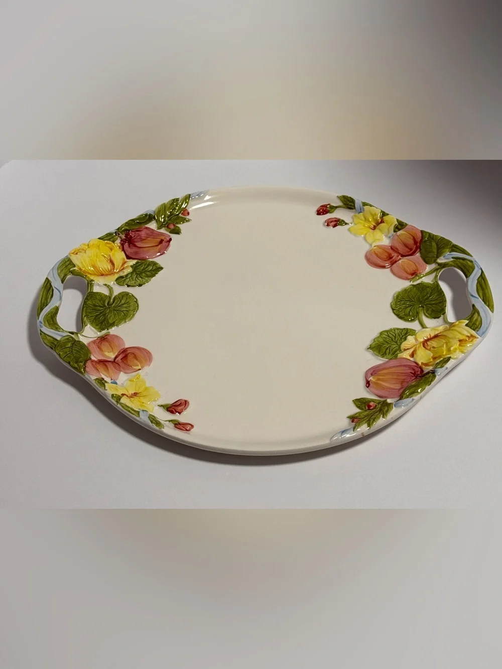 Vintage Japan Majolica Ceramic Fruit & Floral Handled Platter Tray⁠